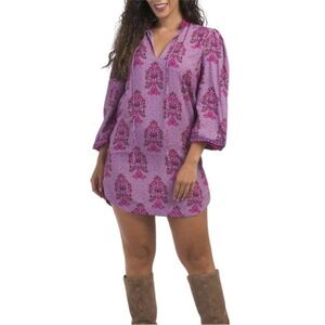 Tuckernuck Celina Moon Purple  Print V Neck Tie Tunic Dress w/ Pockets Size L